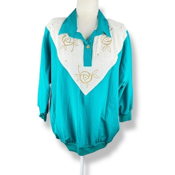Bonnie Blair Tops - Bonnie Blair Teal Gold Blouse Womens Size Large Vintage‎ 1980s Twee Embroidered